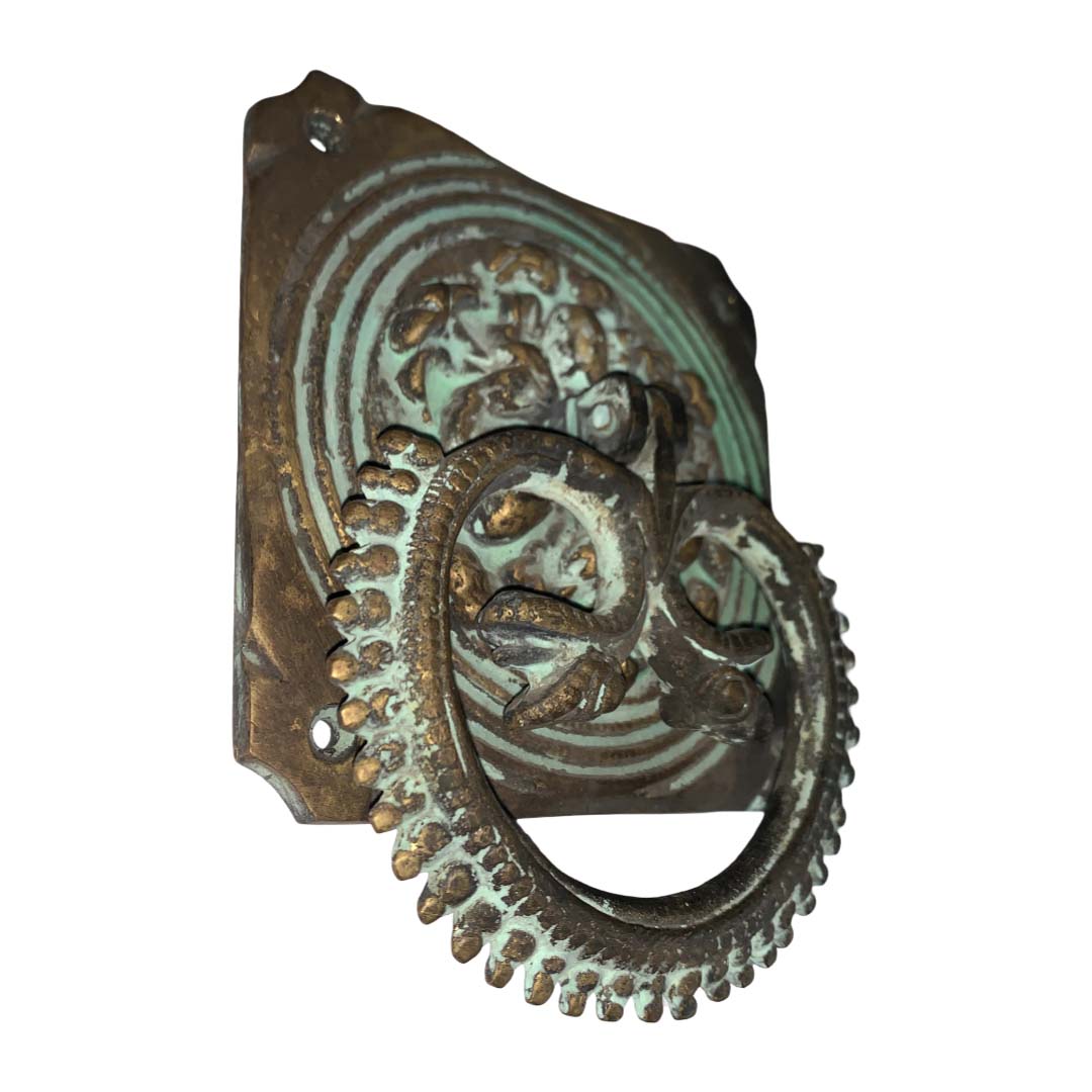 Ornate Ring Brass Door Knocker - Antique Patina
