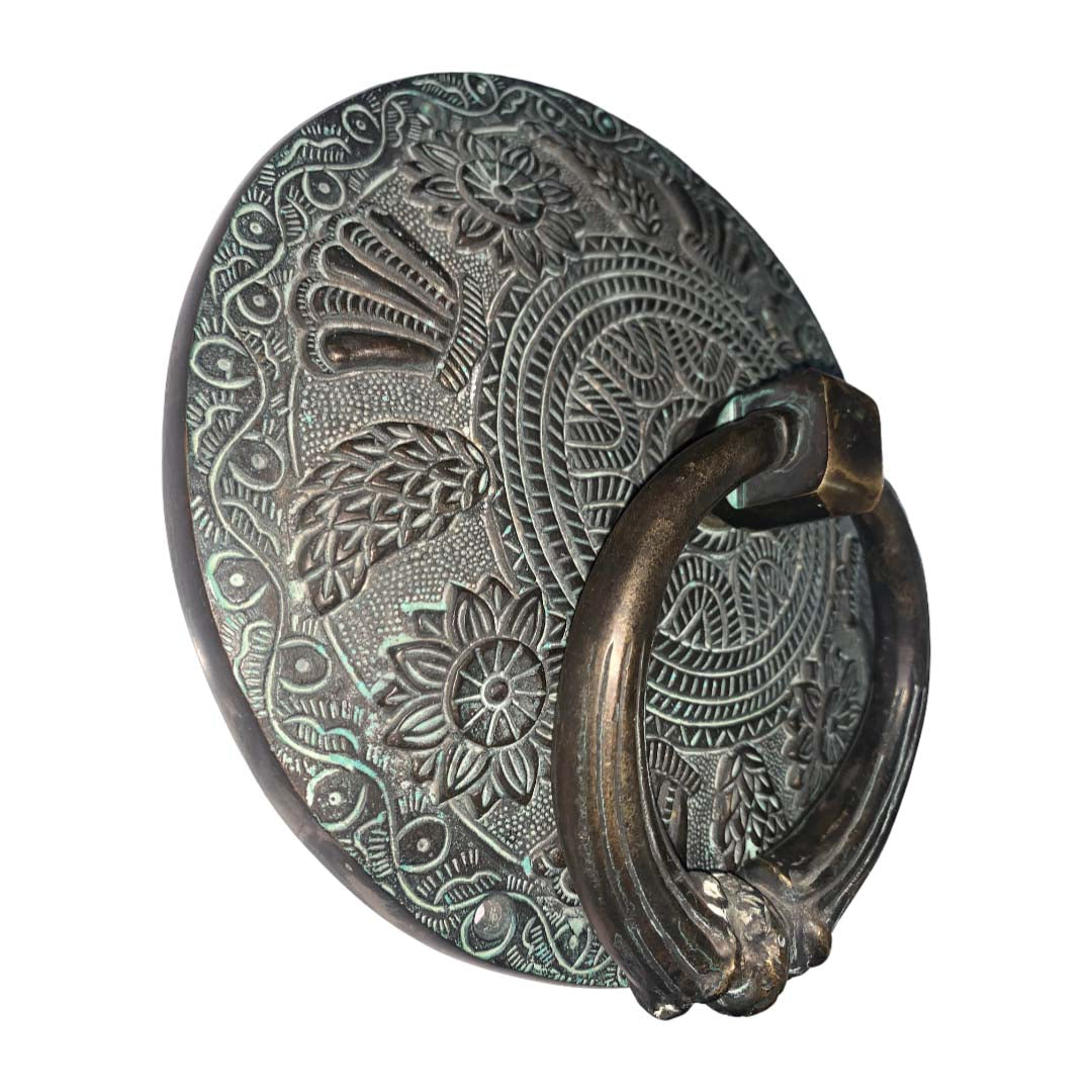 Vintage Intricate Front Brass Door Knocker - Antique Patina
